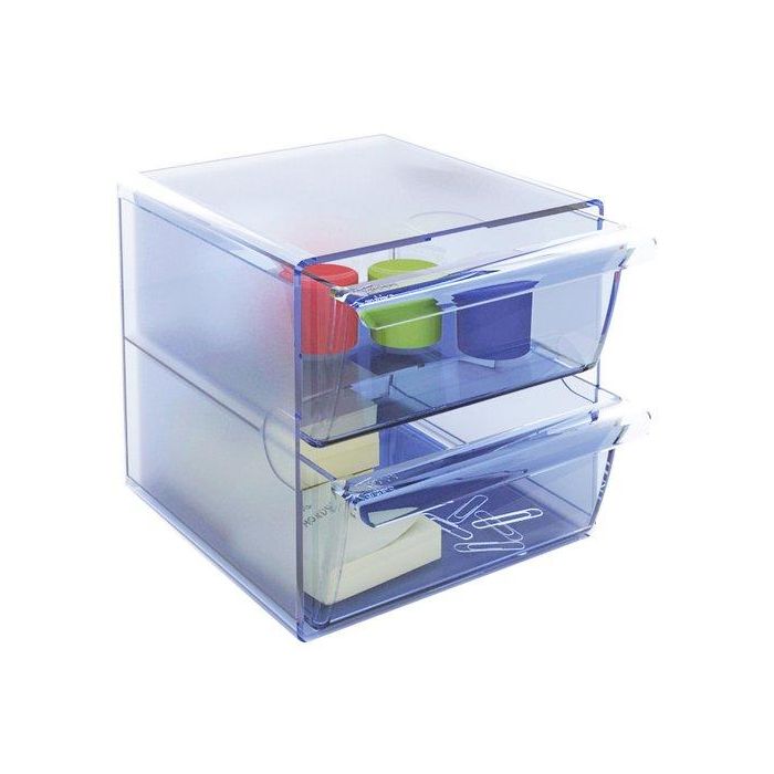 Archivo 2000 Archicubo Organizador Modular de Plástico con 2 Cajones, Apilable, Transparente Azul, 190x150x150 mm