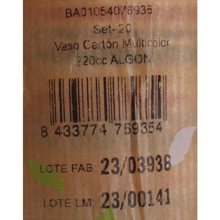 Algon Set 20 Vasos Cartón Multicolor 220cc (20 Unidades)