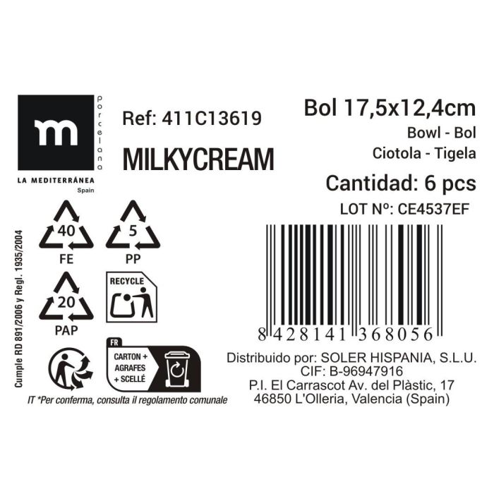 La Mediterranea Bol Rectangular 17.5 x 12.4 cm Milkycream (36 Unidades)
