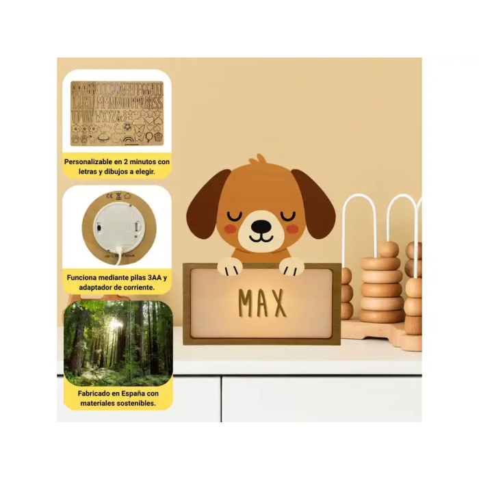 Wondee Lámpara Quitamiedos Personalizable Perro para Niños con Nombre, Luz Nocturna de Madera Sostenible y Carga USB-C 1 Wondee Lámpara Quitamiedos Personalizable Perro para Niños con Nombre, Luz Nocturna de Madera Sostenible y Carga USB-C 1