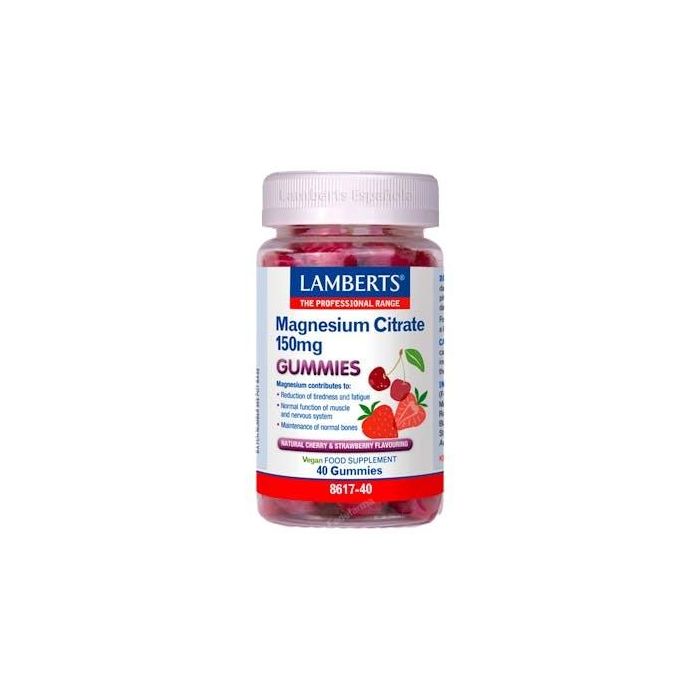Lamberts Citrato De Magnesio 40 Gummies Cereza-Fresa, Suplemento para Sistema Nervioso y Músculos, Alta Absorción