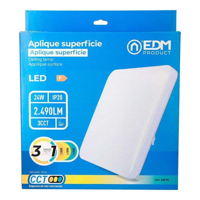 Aplique led cuadrado extraplano de superficie 24 W 3cct 2490 lm 37 x 37 x 6,7 cm 2