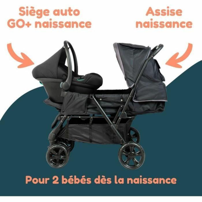 Cochecito doble gemelo - BAMBISOL - Cochecito doble combinado + Silla de coche I-size - 4 ruedas - Negro 5