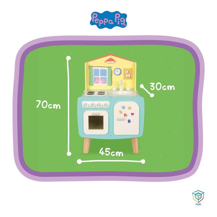 DEQUBE Cocina de Madera Peppa Pig 45x70x30cm. Con horno, grifo y fuegos. Juguete educativo con cantos redondeados para niños +2 años. 3
