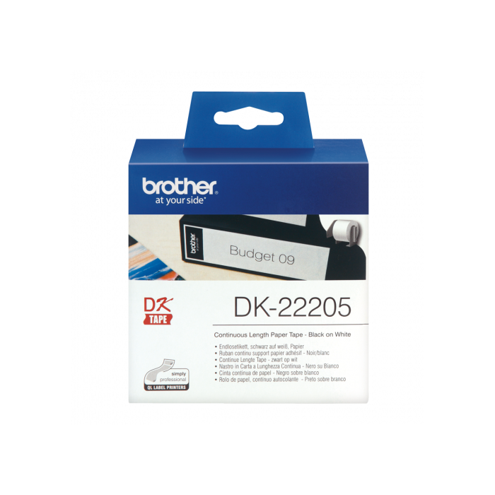 Brother DK22205 Rollo de Etiquetas Continuas Originales de Papel Blanco Adhesivo Fuerte Permanente para Impresoras QL 1