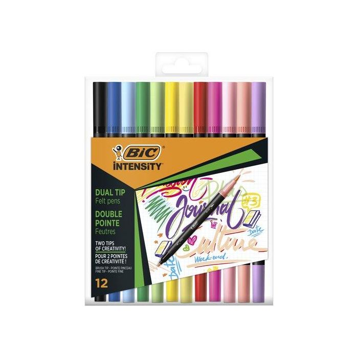 Bic Rotulador Intensity Tip Felt Punta Fina-Pincel, Surtido Mixto 12 Colores, Ideal para Handlettering y Caligrafía