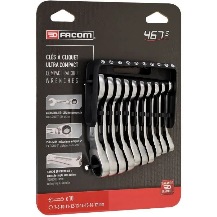 Facom 467BS.JP10PB Juego de 10 Llaves Combinadas de Carraca Corta en Maletín Portátil