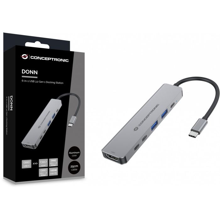Conceptronic DONN33G Dock USB-C a HDMI/2xUSB-A/2xUSB-C con Power Delivery 100W y 5Gbps de Velocidad de Transferencia 4