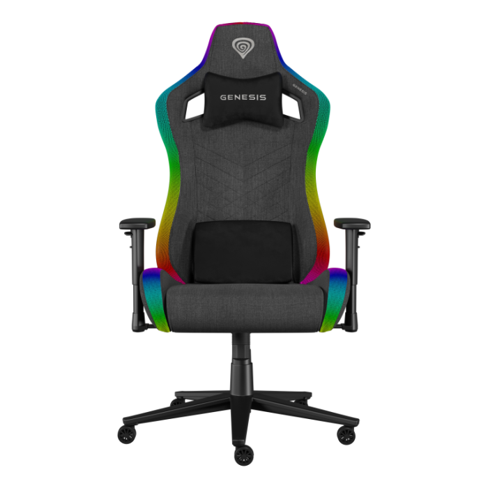 GENESIS NFG-2246 Silla para Videojuegos de PC con RGB, Asiento Acolchado Gris Tela, Reposabrazos Ajustable 2D, Ergonomía Mejorada y Ruedas 60mm
