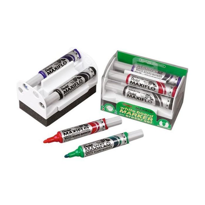 Pentel Marcadores Pizarra Blanca Maxifló C-Surtidos Set 4 Ud + Borrador Magnético Pentel Marcadores Pizarra Blanca Maxifló C-Surtidos Set 4 Ud + Borrador Magnético