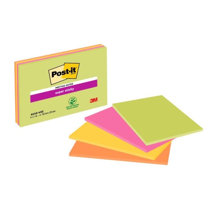 Bloc De Notas Adhesivas Quita Y Pon Post-It Super Sticky 152x101 mm Con 45 Hojas Pack De 4 Unidades Colores Neon 1