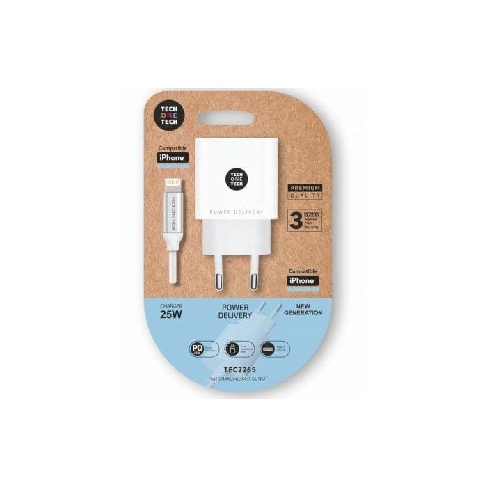 Cargador de Pared Tech One Tech TEC2265/ 1xUSB Tipo-C + Cable Lightning/ 3A/ Blanco