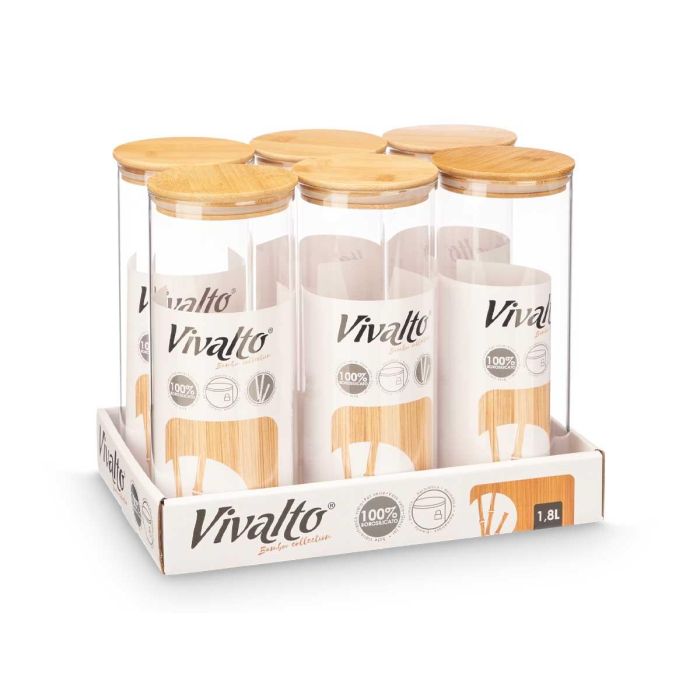 Tarro Redondo Borosilicato Tapa Bambu 1,8L Vivalto 10x25x10cm (12 Unidades) 2
