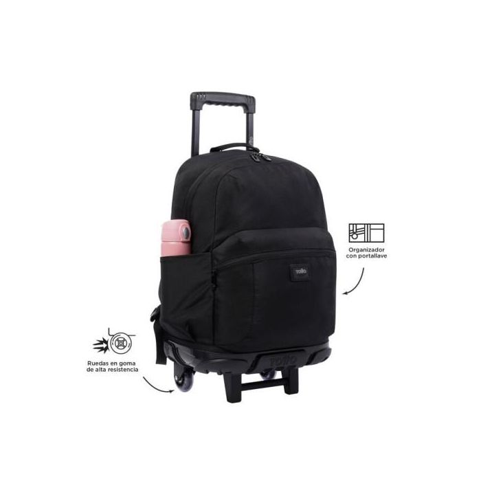 Totto Mochila Escolar con Ruedas Grande Negra MA03TKI003-22200-N01, Capacidad 27 Litros, Compartimento para PC 14 Pulgadas, Refuerzo PVC
