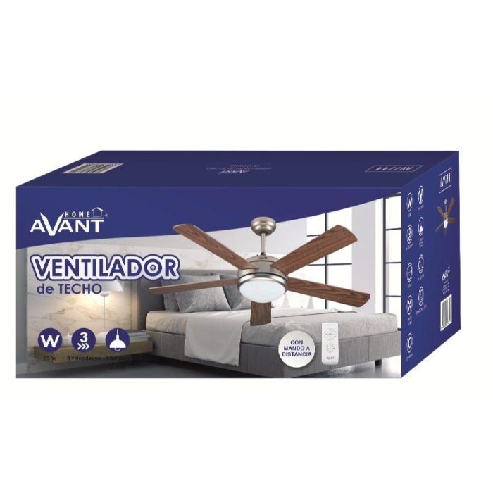 AVANT Ventilador de Techo Avant 132 cm, 65 W, Color Gris con Madera, Incluye Lámpara y Mando a Distancia