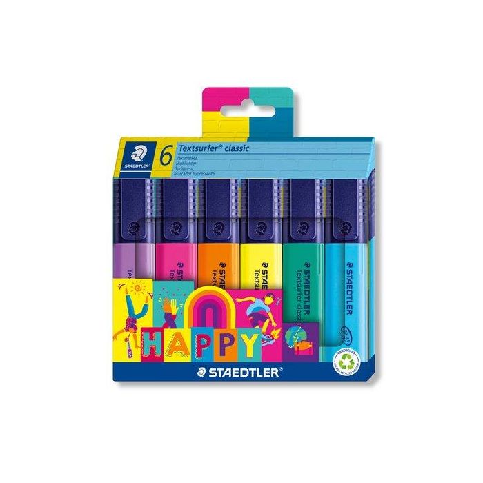 Staedtler Marcador Fluorescente Textsurfer Classic Happy Line - Blíster 6 Ud, Colores Surtidos, Tinta Pigmentada, Secado Rápido