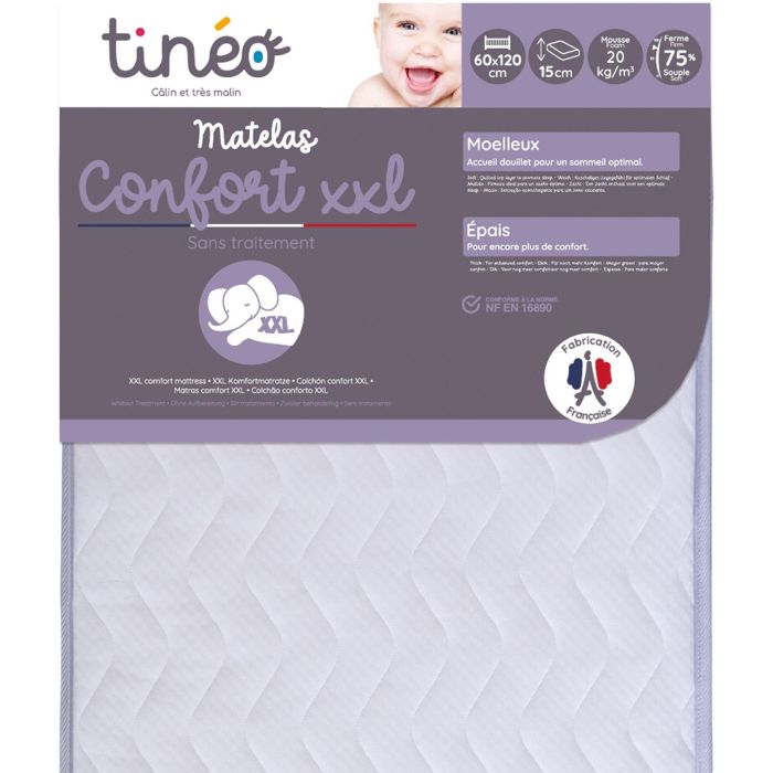 Tineo Colchón Confort XXL 60x120 cm Algodón Acolchado Altura 15 cm Antiácaros Antibacterias para Bebés