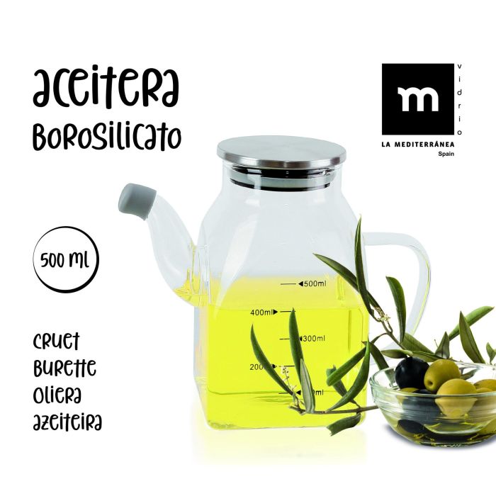 Aceitera cuadrada de borosilicato y metal 500 ml - La Mediterranea (12 Unidades) 6 Aceitera cuadrada de borosilicato y metal 500 ml - La Mediterranea (12 Unidades) 6