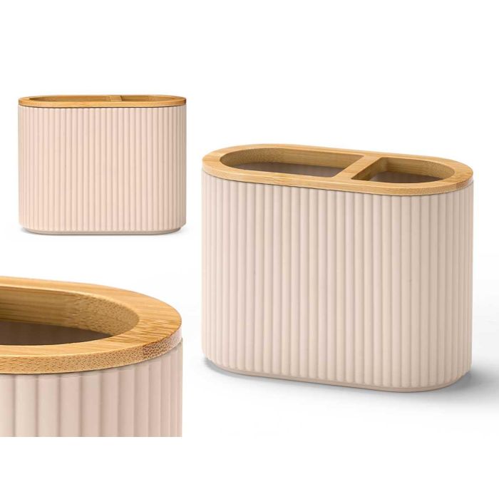 Berilo Portacepillos Doble con Rayas Beige, de Bambú y Plástico, 6.6 x 10.2 x 13 cm (24 Unidades) Berilo Portacepillos Doble con Rayas Beige, de Bambú y Plástico, 6.6 x 10.2 x 13 cm (24 Unidades)