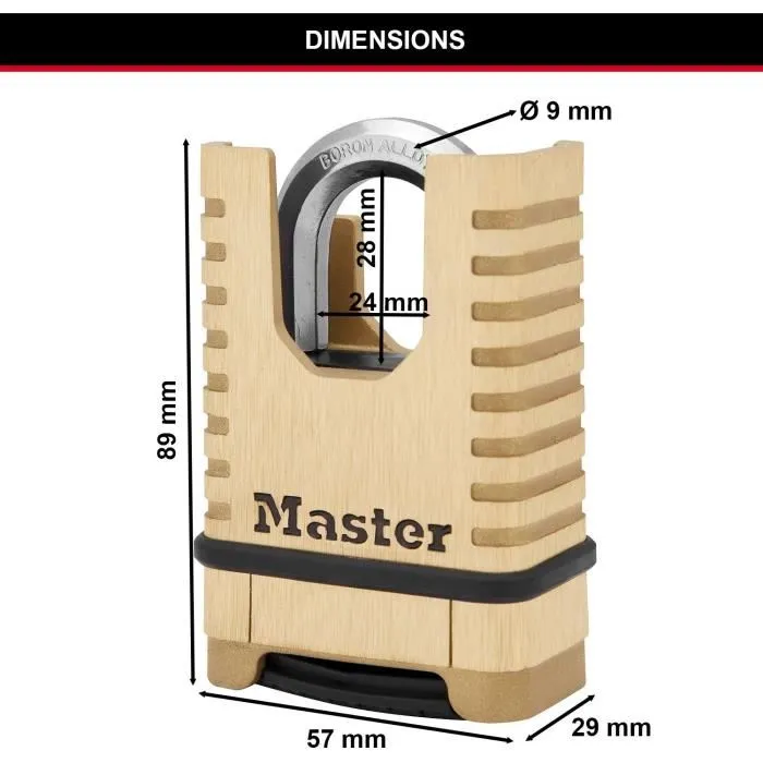 Master Lock Candado M1177EURD de Latón Macizo de Alta Seguridad, Grillete Protegido, Combinación Programable 4