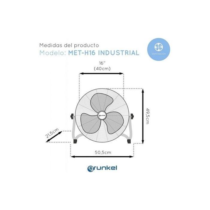 Ventilador de Suelo Industrial Grunkel MET-H16INDUSTRIAL/ 90W/ 3 Aspas 40cm/ 3 Velocidades 2