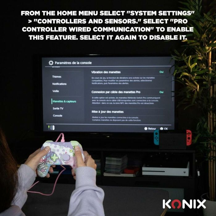 Konix Mando con Cable para Nintendo Switch, Switch OLED y PC - Hello Kitty - Vibración - Cable 3m - Morado y Rosa 3
