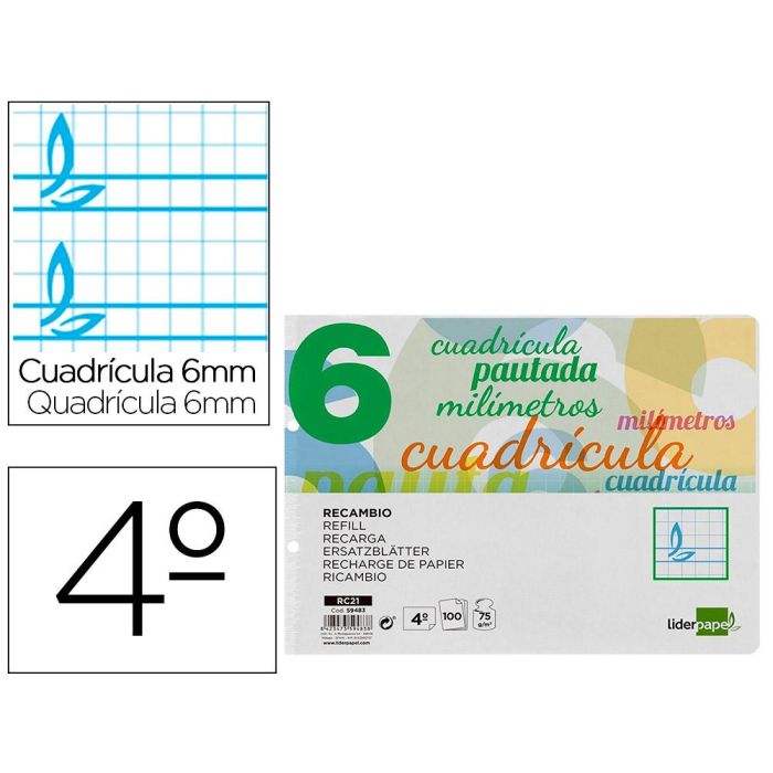 Recambio Liderpapel Cuarto Apaisado Pautaguia 100 Hojas 75 gr Cuadriculado Pautado 6 mm Con Margen 2 Taladros