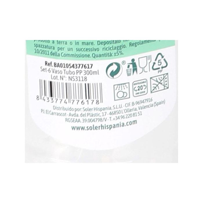 Algon Set de 6 Vasos Tubo PP 300ml 6 x 14.7 cm (70 Unidades)