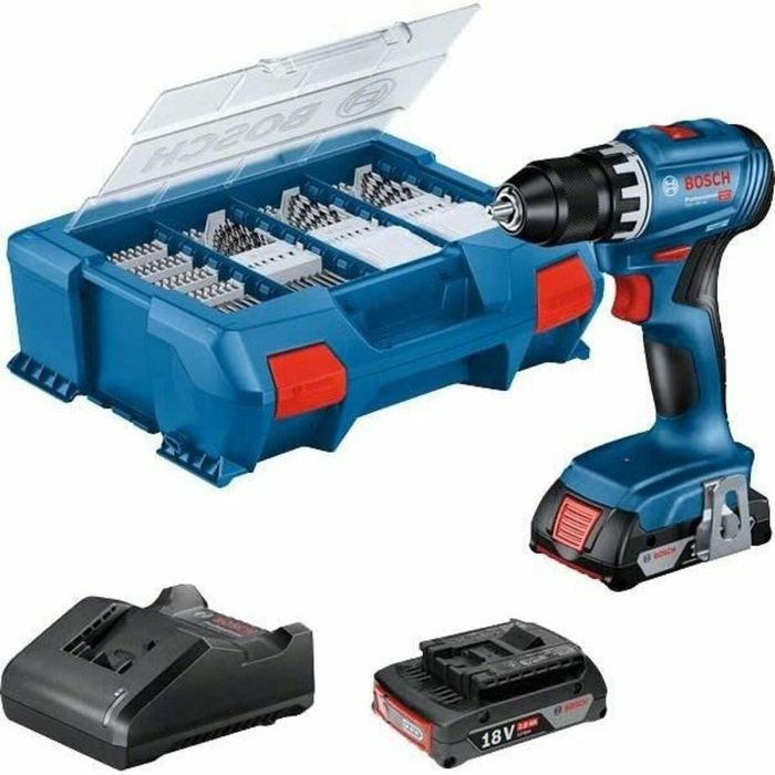 Bosch Professional GSR 18 V Drill Trilling + 2 baterías 2.0AH + Cargador + 82 piezas, en L Case 1