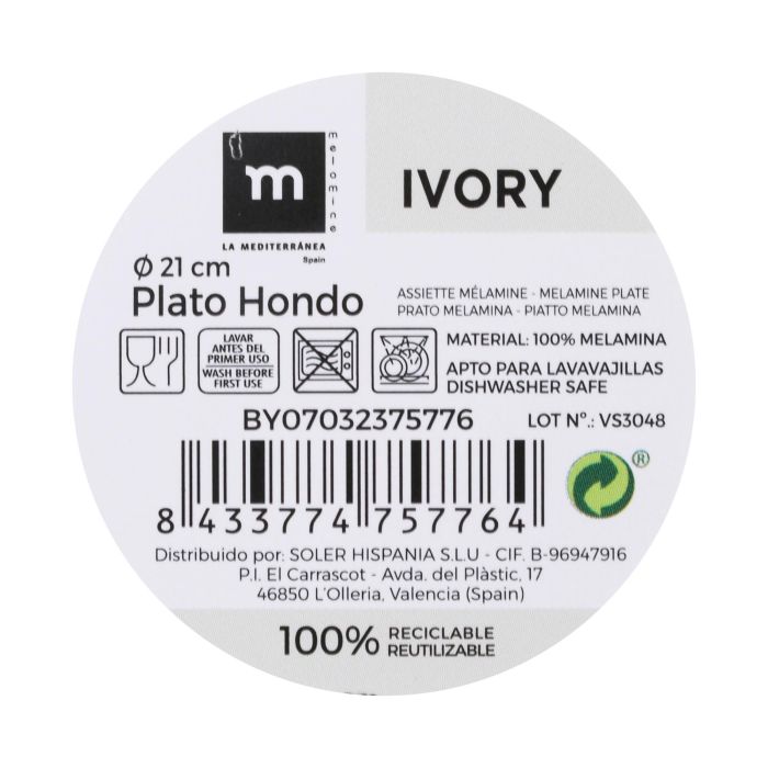 Plato Hondo Melamine Ivory 21x5.3 cm La Mediterranea (24 Unidades) 1 Plato Hondo Melamine Ivory 21x5.3 cm La Mediterranea (24 Unidades) 1