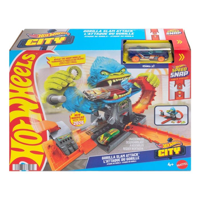Hot Wheels Pista Gorilla Garage Attack JHL92, Set de Juego con Coche a Escala 1:64 para Niños +4 Años, Enfrenta al Gorila 4