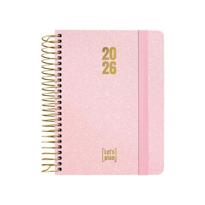 Agenda Anual (2026) Grafoplas Metallic Espiral Tapa Extradura Con Goma A6 150X120 S/V Rosa Pastel