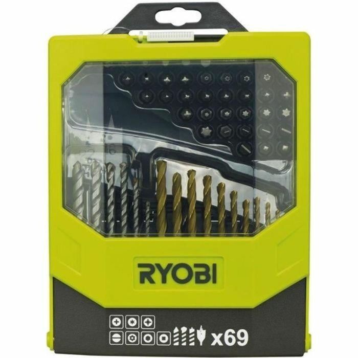 Ryobi Caja 69 Accesorios Mixtos para Taladrar (Madera, Mampostería, Metal) y Atornillar (PH, PZ, PL, HEX, TX)