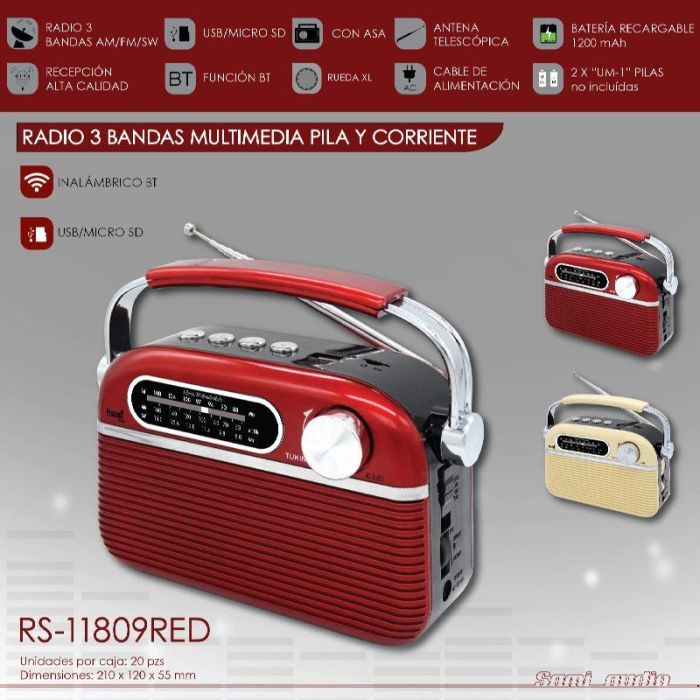 SAMI Radio Vintage 3 Bandas, FM/AM/MW, Bluetooth, USB, Aux, Micrófono, AC/DC