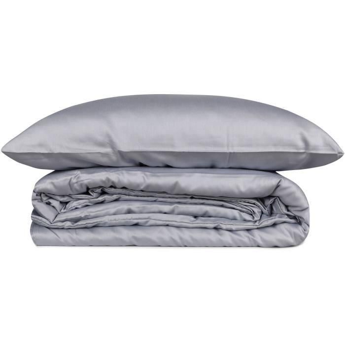 Juego de cama - 1 funda nórdica 220x240 cm + 2 fundas de almohada 60x60 cm - 100% algodón satén - Gris 2 Juego de cama - 1 funda nórdica 220x240 cm + 2 fundas de almohada 60x60 cm - 100% algodón satén - Gris 2