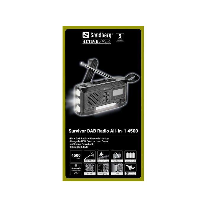 Sandberg 4500 Survivor Radio DAB/FM con Power Bank y Altavoz Bluetooth, Carga Solar/Manivela, Linterna 3