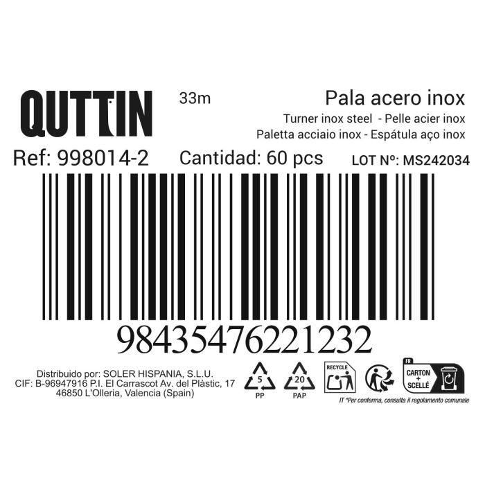 Privilege Pala de Cocina de 33 cm de Acero Inoxidable Qutti (60 Unidades) 1