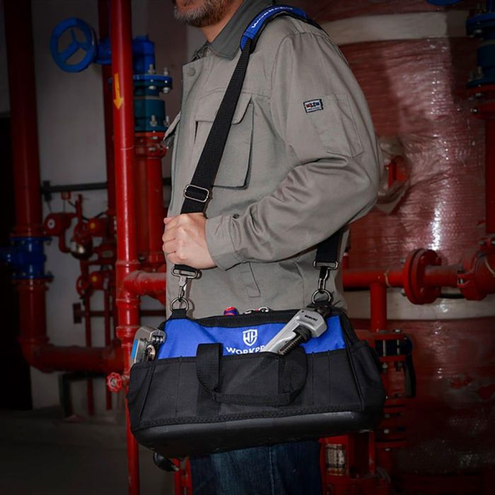 Workpro Bolsa de Herramientas con Cremallera, 21 Bolsillos, Base Impermeable, Boca Ancha, 51x26x29 cm, Negra y Azul 2