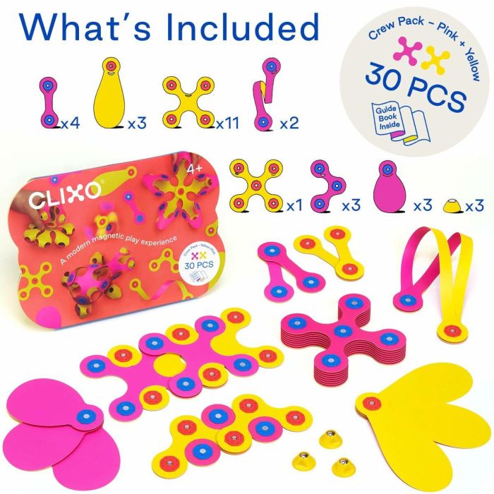 GIPSY TOYS AAADG59402 Clixo Crew Pack Rosa/Amarillo - Juego de Construcción Magnético Flexible - 30 Piezas - A partir de 4 Años 10