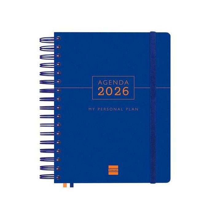 Finocam Tempus 4º-155x217 mm Agenda Espiral 1 Día Página 2026 Tapa Extradura PP Azul con Goma Elástica