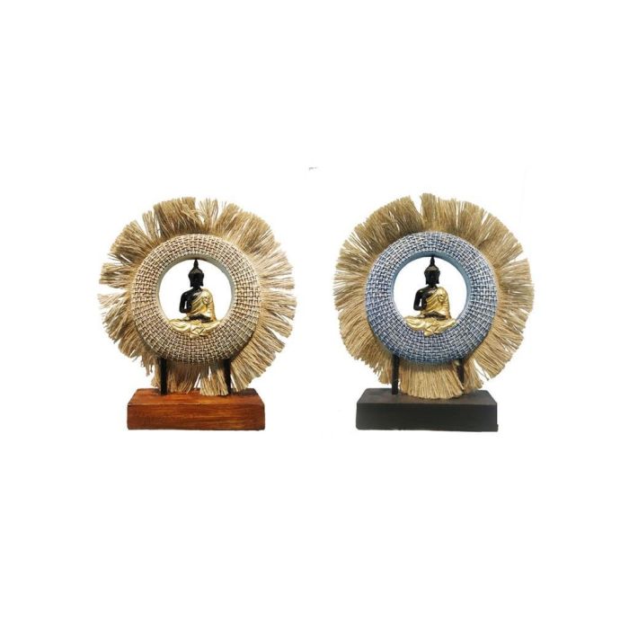 DKD Home Decor Figura Oriental Buda Resina y Yute Beige Azul 6x25x19 cm (1kg) - Pack 2 Unidades Surtidas