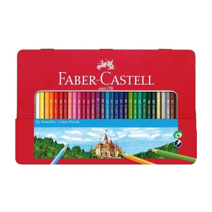 Faber-Castell Ecolápices de colores, alta calidad, 36 colores surtidos, forma hexagonal, mina protegida SV, estuche de metal