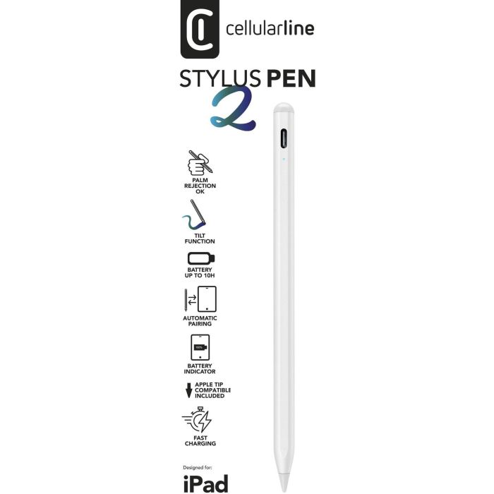 Cellularline Stylus Pen para iPad con Sujeción Magnética y Sensibilidad a la Inclinación, Color Blanco
