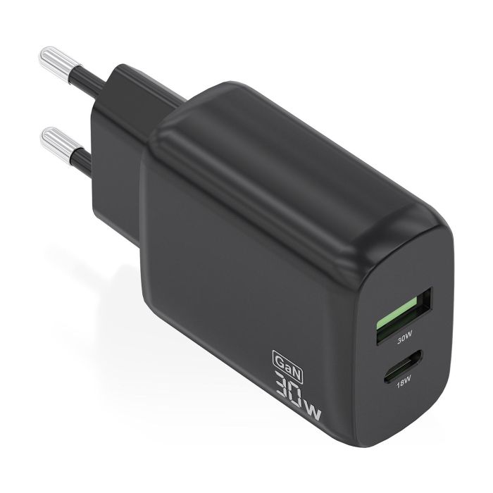 AISENS - CARGADOR GaN 30W, 1xUSB-C PD3.0 QC4.0, 1xUSB-A QC3.0, NEGRO