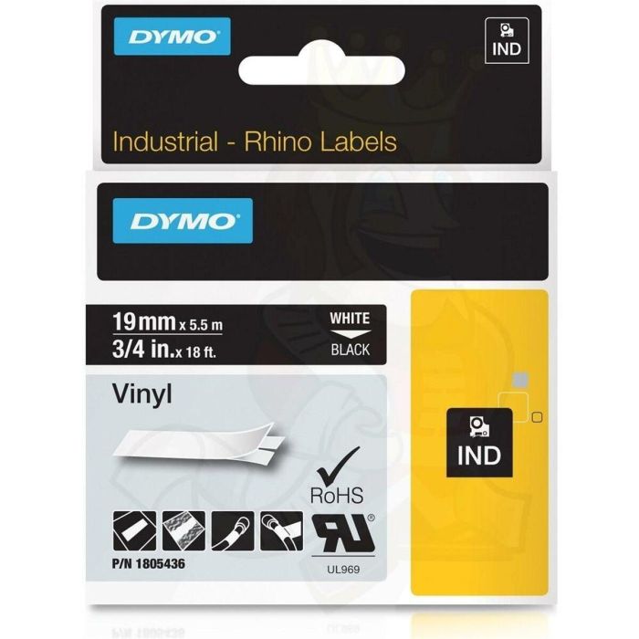 Cinta Laminada para Rotuladoras Rhino Dymo ID1-19 19 x 5,5 mm Negro Poliéster Blanco Autoadhesivas (5 Unidades) 1