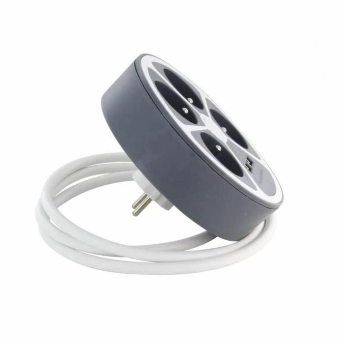 Chacon CHA5411478496526 Regleta de Enchufes para Oficina 4 Tomas 16A + 2 USB-A 3680W, Cable 1.5m, Gris, con Interruptor 2