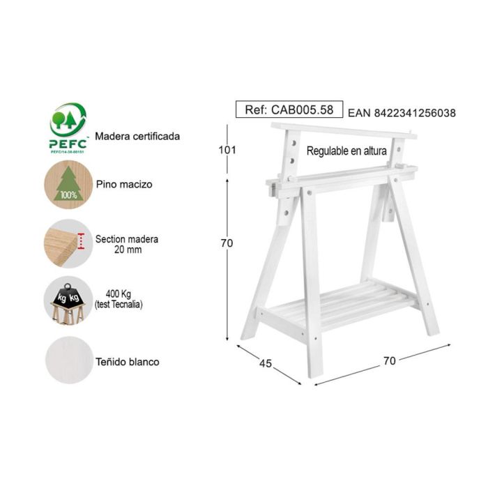 Astigarraga Caballete Architect Cab005.58 Pino Macizo Blanco Regulable 70-101x45x70cm 4 Astigarraga Caballete Architect Cab005.58 Pino Macizo Blanco Regulable 70-101x45x70cm 4