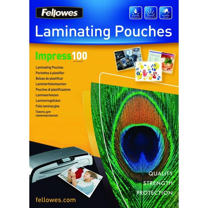Fellowes Láminas de Laminación Brillantes A4, 100 Micrones, Transparente, Plástico, Paquete de 100 Unidades