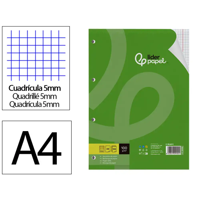 Liderpapel Recambio A4 100 Hojas 100gr Cuadro 5mm Con Doble Margen 4 Taladros 0 Liderpapel Recambio A4 100 Hojas 100gr Cuadro 5mm Con Doble Margen 4 Taladros 0
