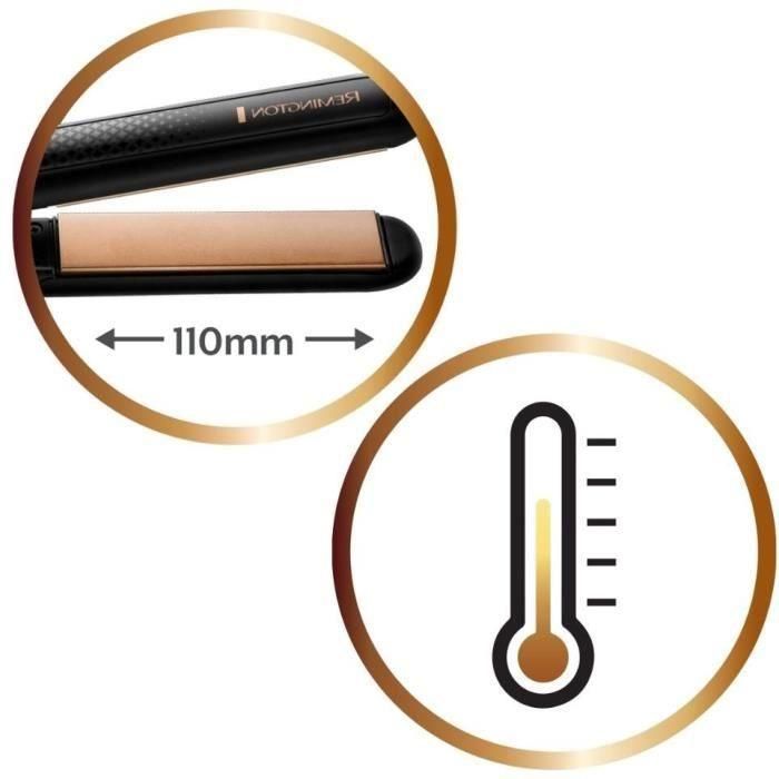 Remington Plancha de Pelo Eclat Brillance S6308, Cerámica, Turmalina Iónica con Titanio, 8 Ajustes de Temperatura 150-230°C, Placas de 110 mm, Negro con Placas Doradas 1